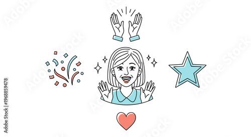 A happy woman with wide smile and raised hands, clapping, surrounded by confetti, a sparkling star, and a heart.
