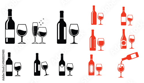 A collection of wine bottles and glasses depicted in a flat, graphic style, showcasing different shapes and sizes.