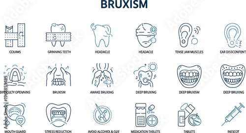 Medical infographic icon set explaining bruxism symptoms causes and treatments including teeth grinding mouth guards and headache,