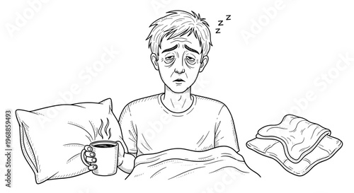 A tired man with sleepy eyes struggles to wake up in bed, holding hot coffee, with pillow and blanket nearby.