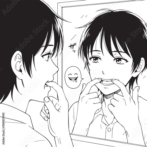 Manga style illustration, man looking in mirror, comical facial expressions, black and white vector
