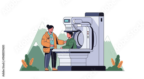 Medical Scan Procedure: Doctor Assists Patient in CT Scanner Machine