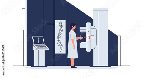 Medical Scan Room: Patient Undergoing X-ray Imaging with Spine Display