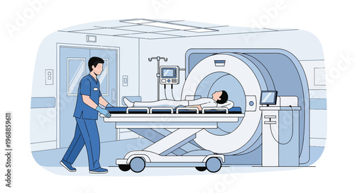 Medical Scan Room: Patient on Stretcher Entering MRI Machine with Technician