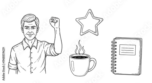 A confident man with a raised fist and a determined smile stands next to a steaming coffee cup, a star, and a notebook, representing success and ambition.