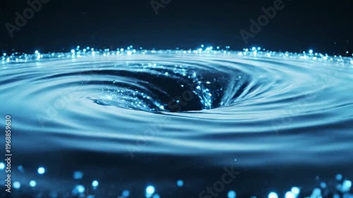Abstract swirling blue liquid with glowing particles in motion
