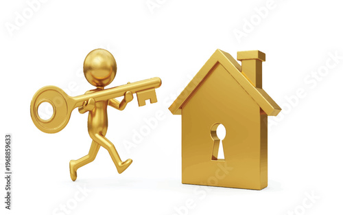 Golden man running with giant key to golden house with keyhole  home ownership concept