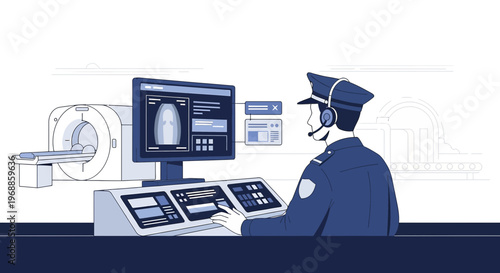 Medical Security Officer Monitors CT Scanner Display in Control Room
