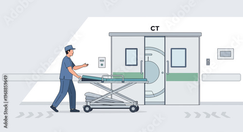 Medical staff pushing patient stretcher towards CT scan room in hospital