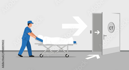 Medical Staff Transporting Patient to CT Scan Room for Diagnostic Imaging