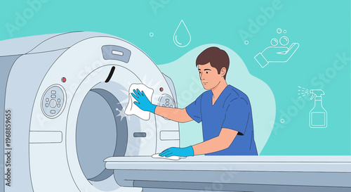 Medical Staff Cleaning CT Scanner Machine in Hospital for Patient Safety