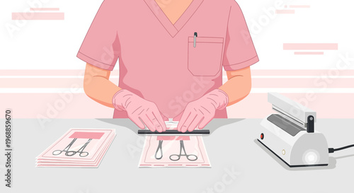 Medical Sterilization: Hands Sealing Surgical Instruments in Pouches with Heat Sealer