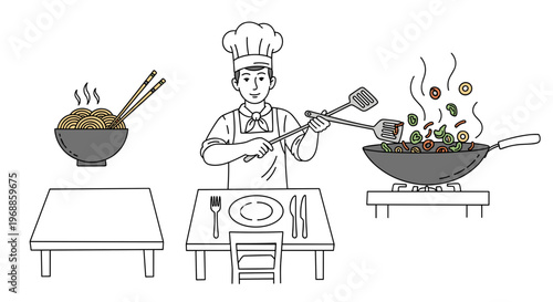 A chef skillfully stir-fries food in a wok while serving noodles from a bowl and a table is set for dining, representing a vibrant cooking process.