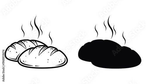 A simple black and white illustration featuring two loaves of bread with steam rising, alongside a dark, amorphous shape.