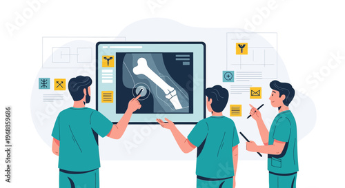 Medical Team Analyzing Bone X-ray on Digital Screen, Healthcare Technology Concept