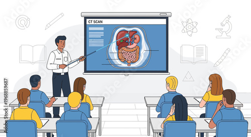 Medical Teacher Explains CT Scan of Human Anatomy to Students in Classroom