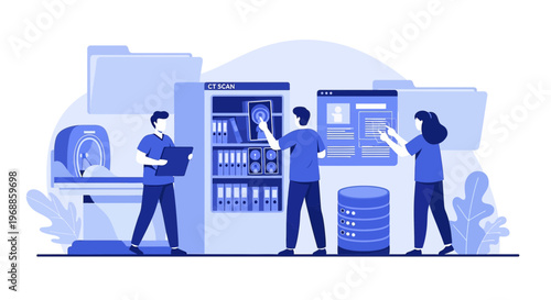Medical Team Analyzing CT Scan Data with Advanced Technology and Patient Records