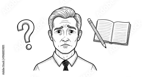 A worried man with a furrowed brow stands near a large question mark and an open book with a pencil, representing confusion and the search for answers.