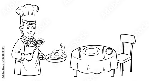 A chef proudly presents a freshly fried egg on a pan next to a set table, symbolizing the preparation and presentation of a breakfast dish.
