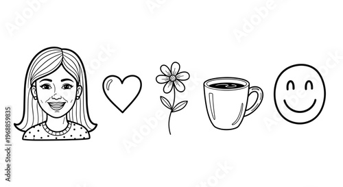 An appealing illustration of a smiling young woman, a heart, a flower, a coffee cup, and a smiley face, conveying happiness and positive vibes.