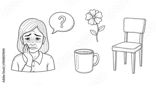 A thought-provoking illustration shows a worried woman with a question mark bubble, a flower, a coffee cup, and a chair, representing confusion and uncertainty.