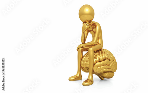 Golden man sitting on brain thinking deeply about intelligence and knowledge  contemplating ideas