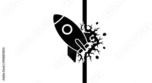 Minimalist Rocket Breakthrough Logo Design featuring a Spaceship Crashing through a Wall for Innovation Disruptive Technology Startup Success Concept and Powerful Impactful Business Growth.