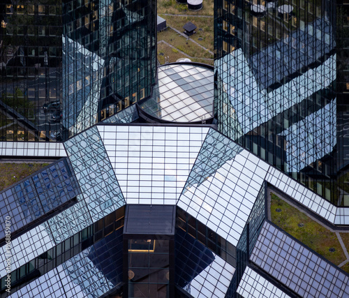 Modern glass office buildings aerial view with geometric architecture in Innenstadt, Frankfurt am Main, Hessen, Germany