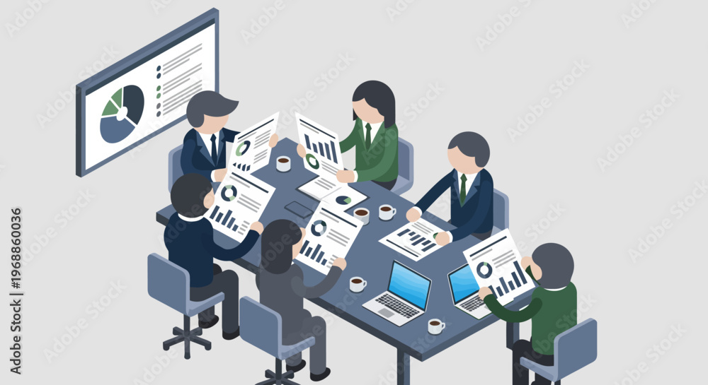 Naklejka premium Business meeting with charts and graphs on table.