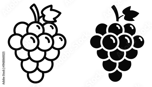 A minimalist black and white drawing depicts two bunches of grapes, showcasing a classic botanical illustration style.