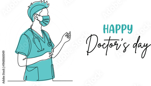 Medical professional surgeon wearing mask and scrubs in continuous line art style for happy doctors day celebration greeting.