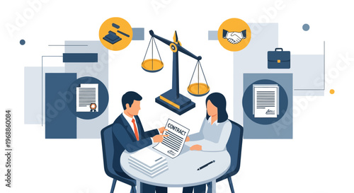 Lawyer and client discussing legal contract at table with scales of justice.