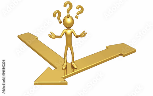 Golden person standing on crossroads with question marks  making decision