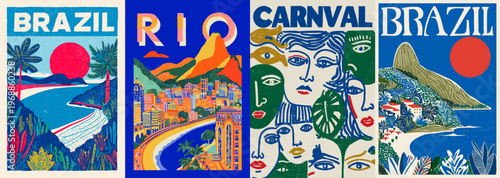 Brazil Rio vector posters with tropical landscapes, beaches and carnival art. Colorful travel design with mountains, ocean views and vibrant culture for tourism and summer themes.
