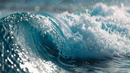 Blue ocean wave curling and crashing with sparkling water drops in bright sunlight, showing the raw power, movement, and freshness of the sea up close
