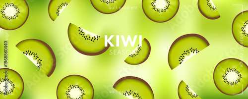 Summer mesh gradient banner with glossy blurred kiwi slices on a fresh green background. Bright seasonal composition with soft highlights and juicy fruit elements in vibrant yellow-green tones.