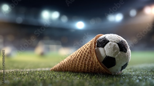 Conceptual surreal image of a soccer ball as an ice cream scoop in a waffle cone on a football pitch with stadium goal background.