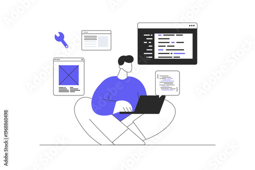 Software development. Coding, backend engineering or programming. Flat Cartoon Vector Illustration, icon Stylish abstract design landing page web