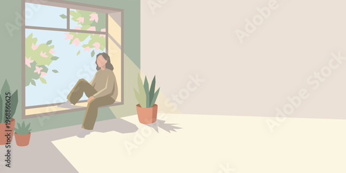 Woman sitting on window sill looking at garden. Peaceful girl relaxing in sunlit room with houseplant. Concept of home comfort, mindfulness, leisure time, interior lifestyle design.