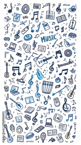 Whimsical, blue-toned doodle pattern of musical elements spread across a white background