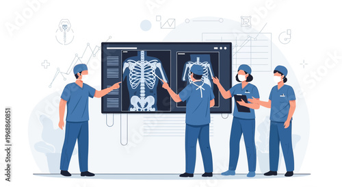 Medical Team Discussing X-Ray Images of Human Skeleton on Digital Screen