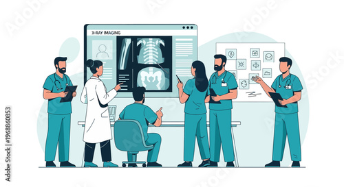 Medical Team Discussing X-Ray Images in Modern Radiology Department