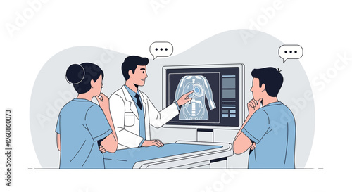 Medical Team Discussing X-Ray Scan Results on Monitor in Modern Clinic