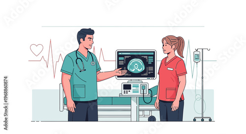 Medical Team Discussing X-Ray Scan Results on Monitor in Modern Hospital Room