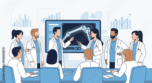 Medical Team Discussing X-Ray of Knee Joint in Modern Conference Room