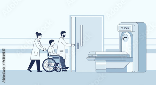 Medical Team Escorting Patient in Wheelchair to CT Scan Room for Examination