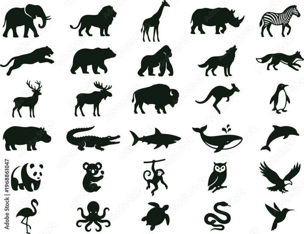 Obraz premium Diverse collection of animal silhouettes including mammals birds and marine life presented on a transparent background
