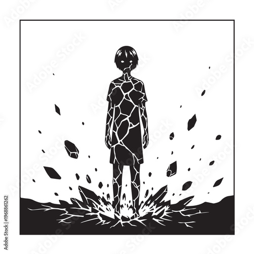 Cracked, broken, shattered person, vector illustration, black and white
