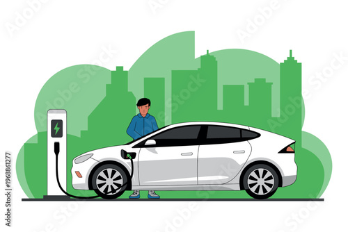 A man in a blue jacket stands next to a white electric car charging at a station