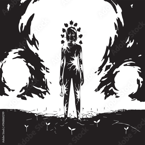 Monochrome illustration, spiritual awakening, mystical figure, abstract background